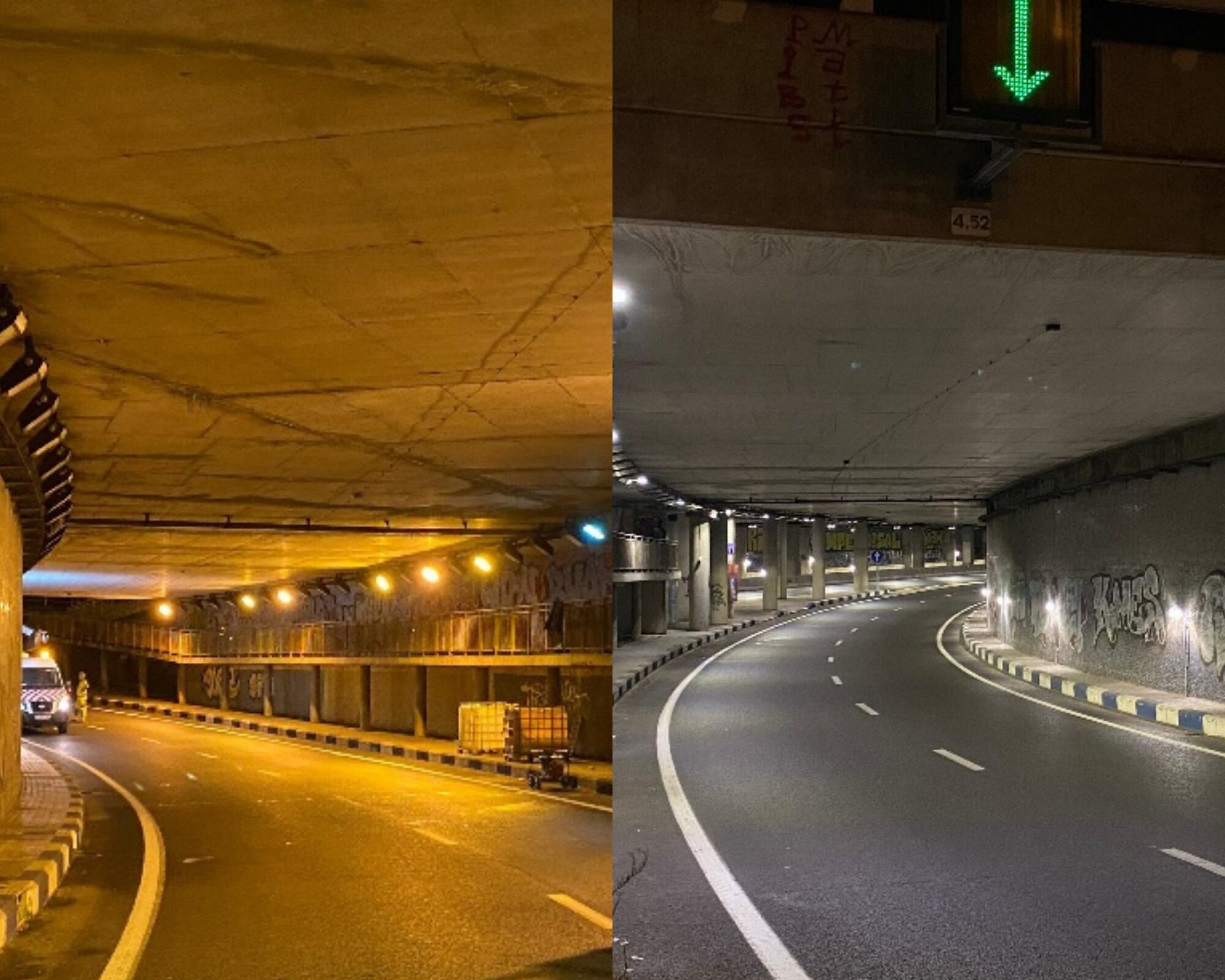 Comparativa del estado inicial (izq.) con el actual (dcha.), tras la actuación de Transportes para mejorar el sistema lumínico del paso inferior de la autovía V-21