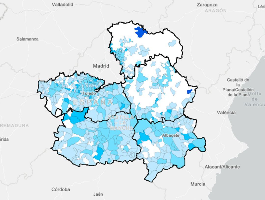 Mapa de la incidencia acumulada en Castilla La Mancha entre el 15 y el 21 de febrero 