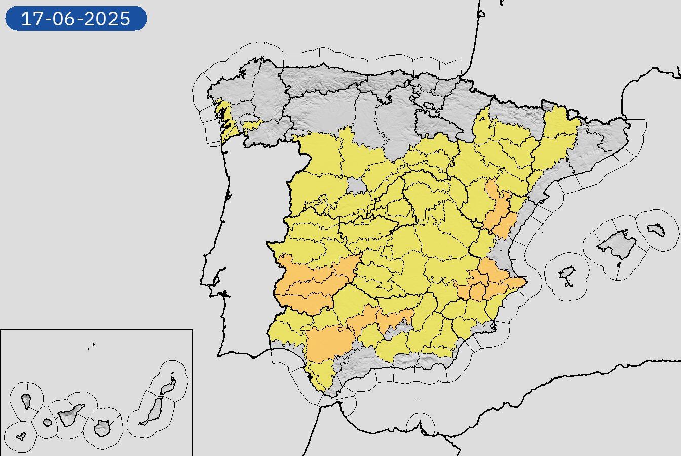 Mapa de avisos de la Aemet previsto para este martes 17 de junio.