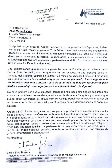 Escrito enviado a la Fiscalía General del Estado.