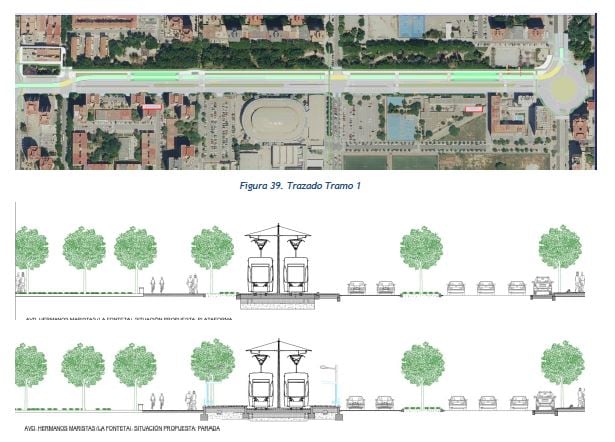 Recreación y plano del futuro trazado de la línea 12 a su paso por la avenida de los Hermanos Maristas, en València