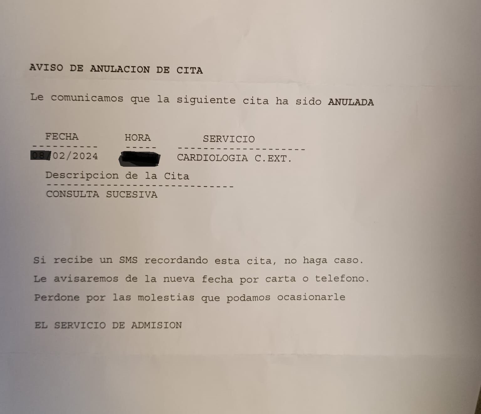 Carta recibida por un paciente de cardiología del Hospital de los Santos Reyes anulando su próxima cita