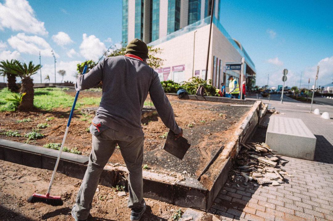 Un operario trabajando en el Parque Islas Canarias de Arrecife.
