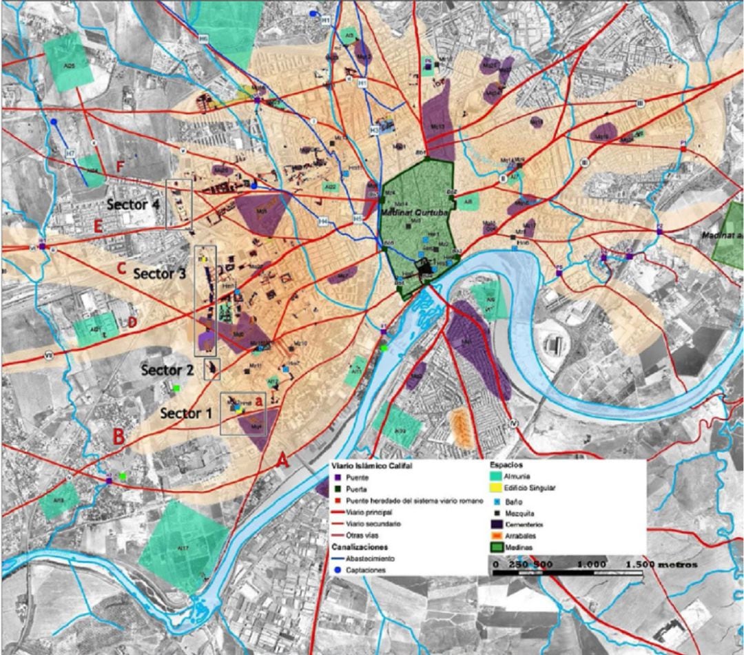 Topografía urbana de Qurtuba a finales del siglo X (sobre VAQUERIZO y MURILLO (Eds.) 2010, fig.  251). Propuesta de restitución trama urbana Sectores 1-2-3-4 Ronda Oeste de Córdoba (CAMACHO 2001-
 2012). SECTORES RONDA: 1. Avenida Menéndez Pidal. 2. Casas del Naranjal. 3. Carretera del Aerpuerto. 4. 
 Carretera de Palma del Río. CAMINOS: A. Camino de las Almunias. a. Camino Intermedio. B. Camino Nuevo 
 de Almodóvar. C.  Camino de las Abejorreras. D. Camino Viejo de Almodóvar. E. Cañada Real Soriana. F. 
 Camino de la Matriz o Carril de los Toros