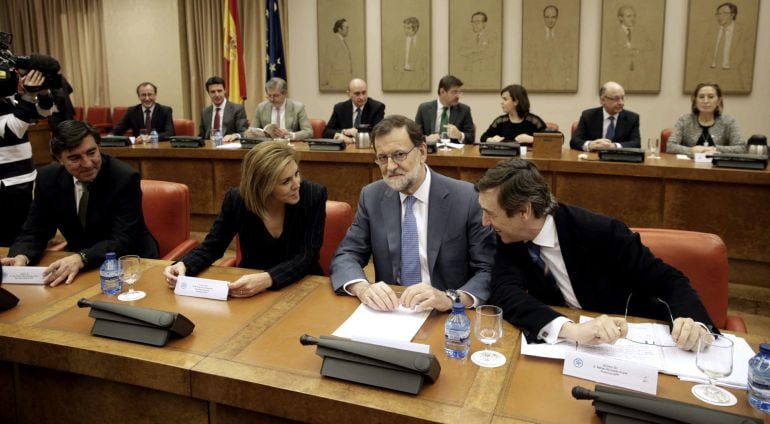 El presidente del Gobierno en funciones, Mariano Rajoy durante la reunión que ha mantenido con los diputados de la formación. 