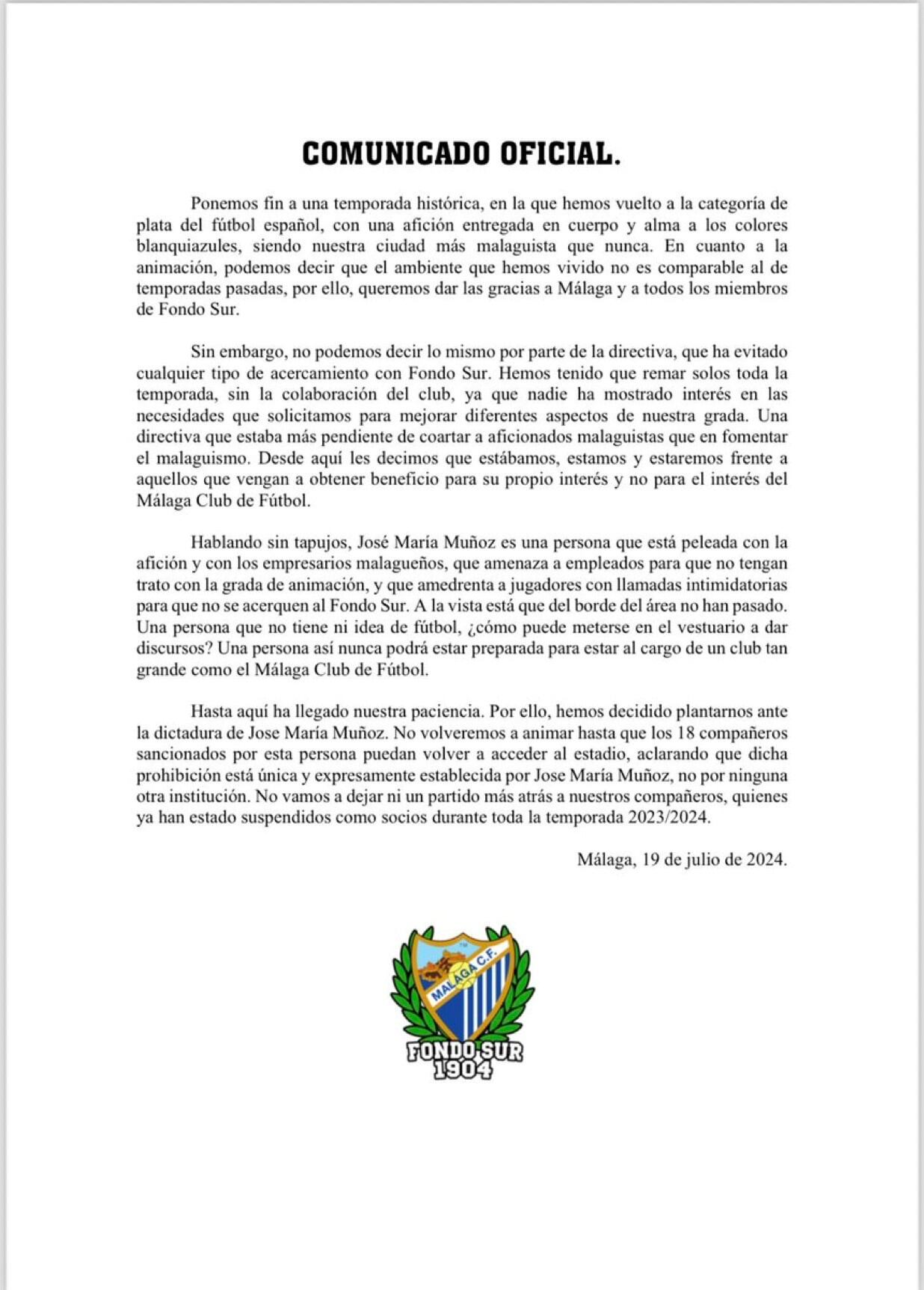 El comunicado de la peña Fondo Sur 1904