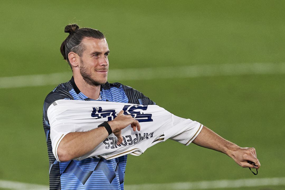 Gareth Bale, durante la celebración del 34º título liguero del Real Madrid.