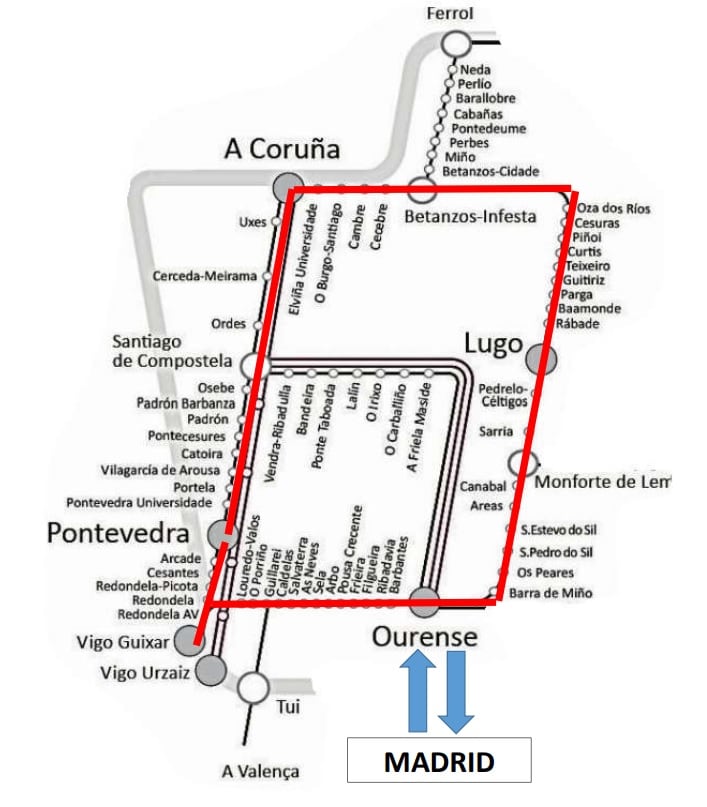 Plano de paradas del proyecto Tren Circular para Galicia elaborado por CC.OO.