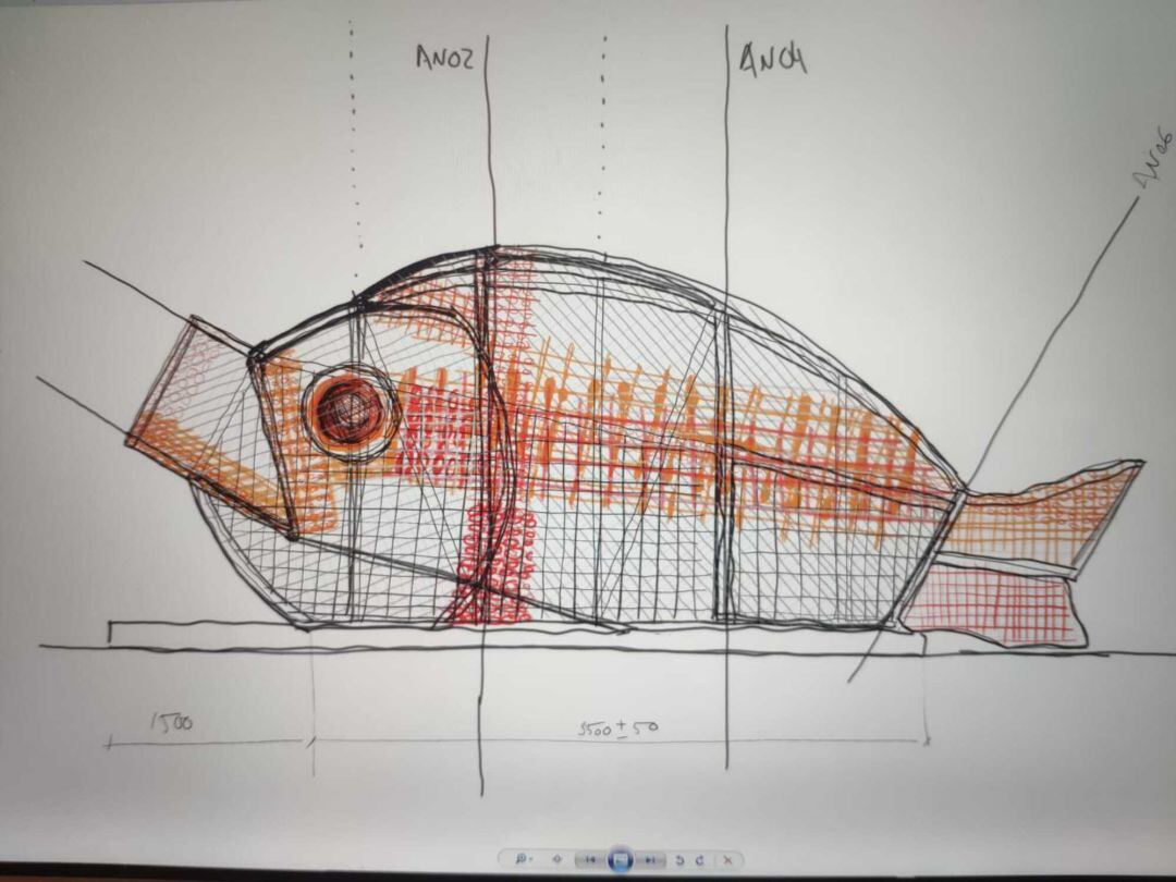 Boceto del contenedor con forma de besugo que se instalará en la playa Zurriola.