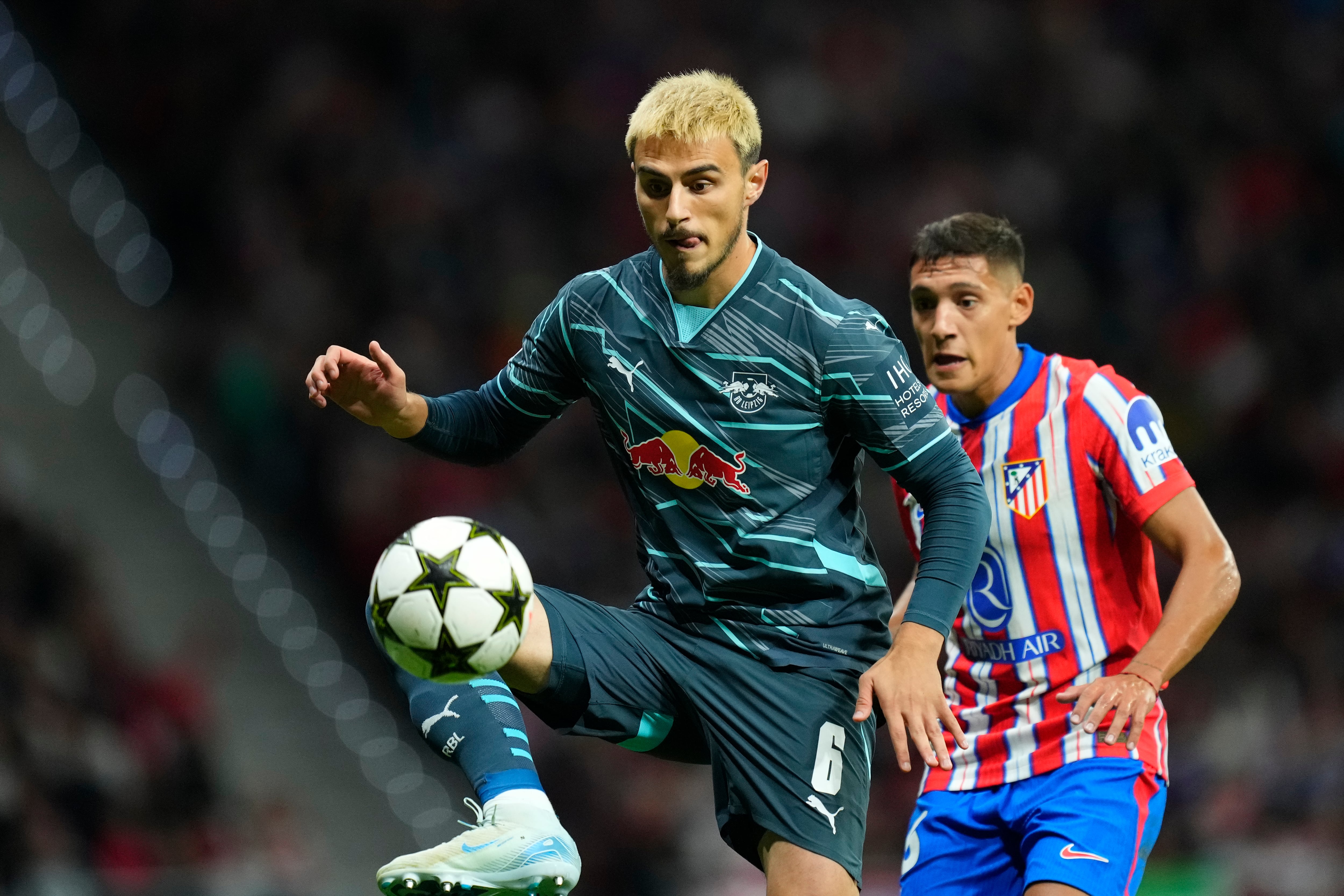 Eljif Elmas attacking midfield of RB Leipzig and North Macedonia controls the ball during the UEFA Champions League 2024/25 League Phase MD1 match between Atletico de Madrid and RB Leipzig at Estadio Civitas Metropolitano on September 19, 2024 in Madrid, Spain. (Photo by Jose Breton/Pics Action/NurPhoto via Getty Images)