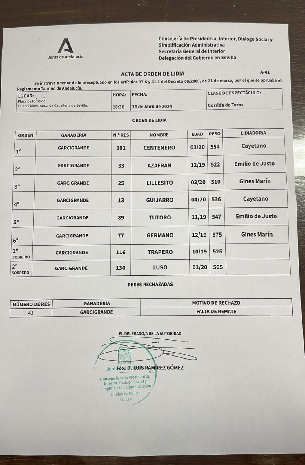 Orden de lidia de los toros de Garcigrande para la corrida de este martes de farolillos en la Real Maestranza