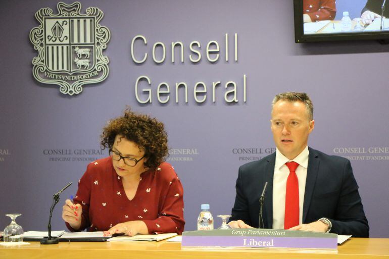 Judith Pallarès i Ferran Costa, consellers liberals, en roda de premsa