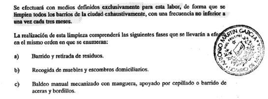 Extracto del pliego de condiciones de Limasa