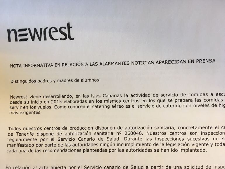 Comunicado de la empresa responsable del servicio de cátering. 