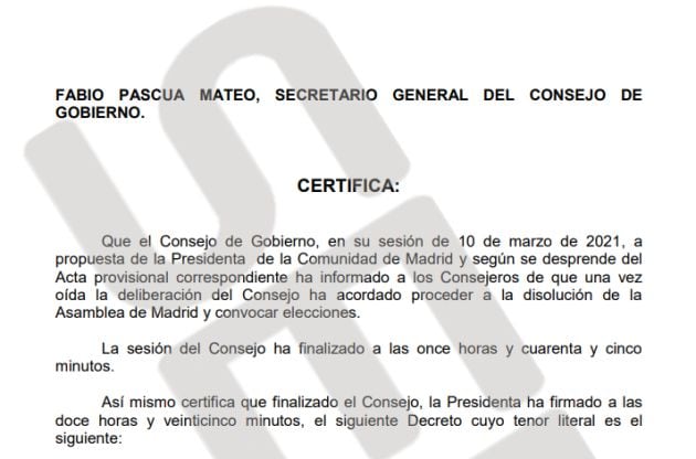 Certificado del Consejo de Gobierno al que ha accedido la SER