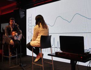 Juan Zelada canta frente a los participantes, mientras se van monitorizando sus emociones.