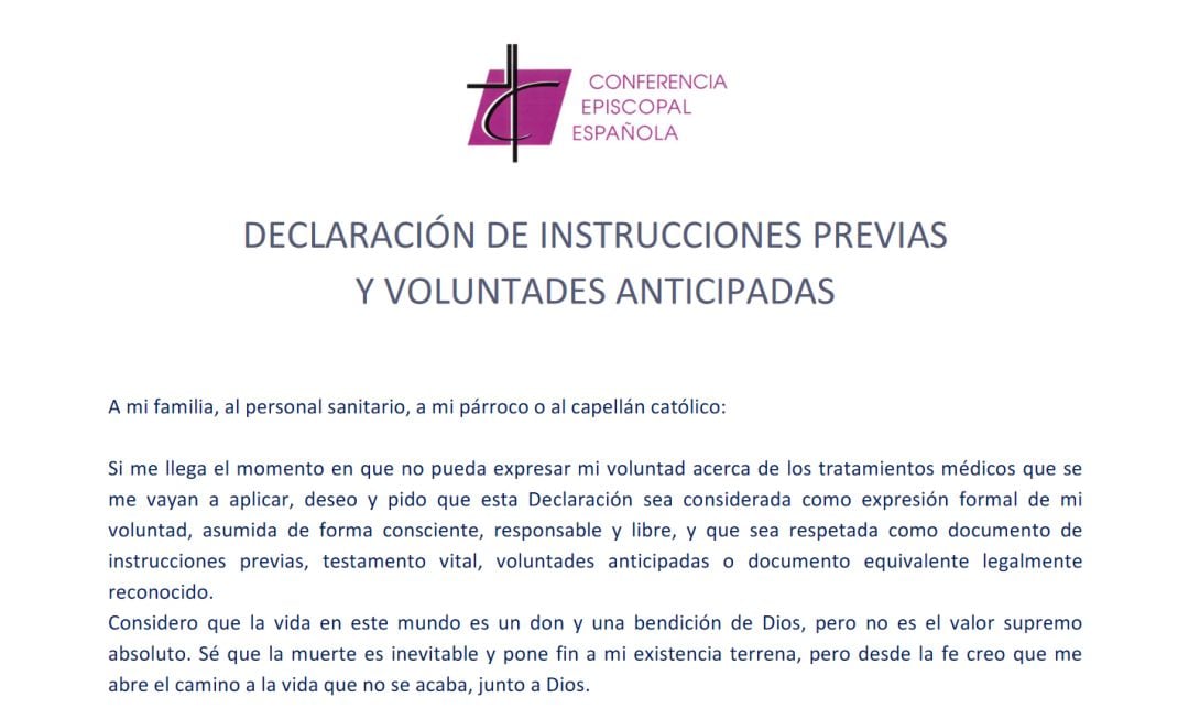 Extracto del modelo de testamento vital elaborado por la Conferencia Episcopal Española