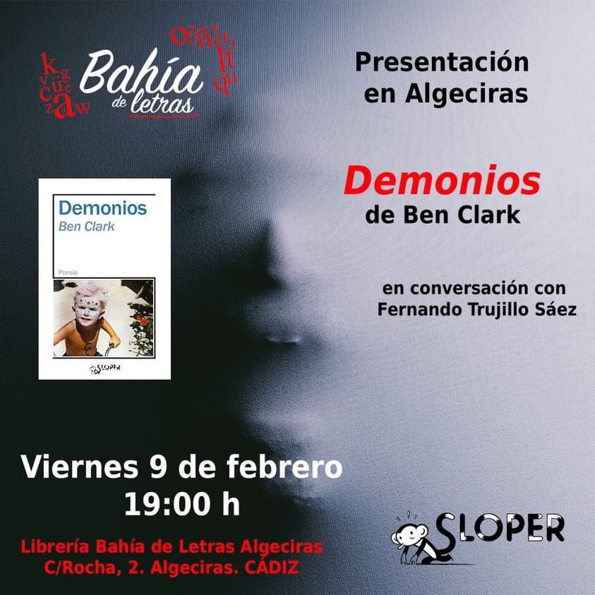 Cartel anunciador de la presencia del poeta Ben Clark en la Librería Bahía de Letras.