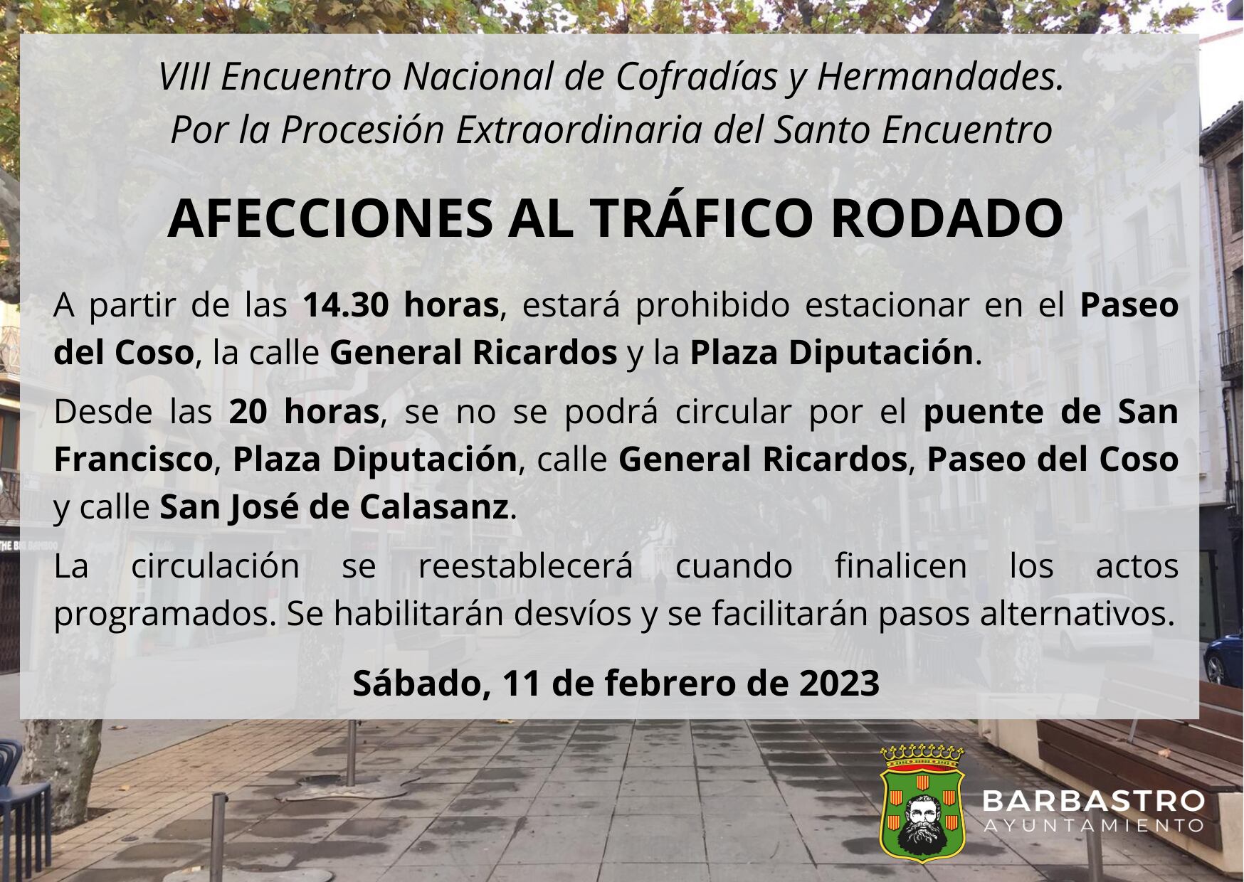 Restricciones tráfico en Barbastro por la Procesión Extraordinaria del Santo Encuentro