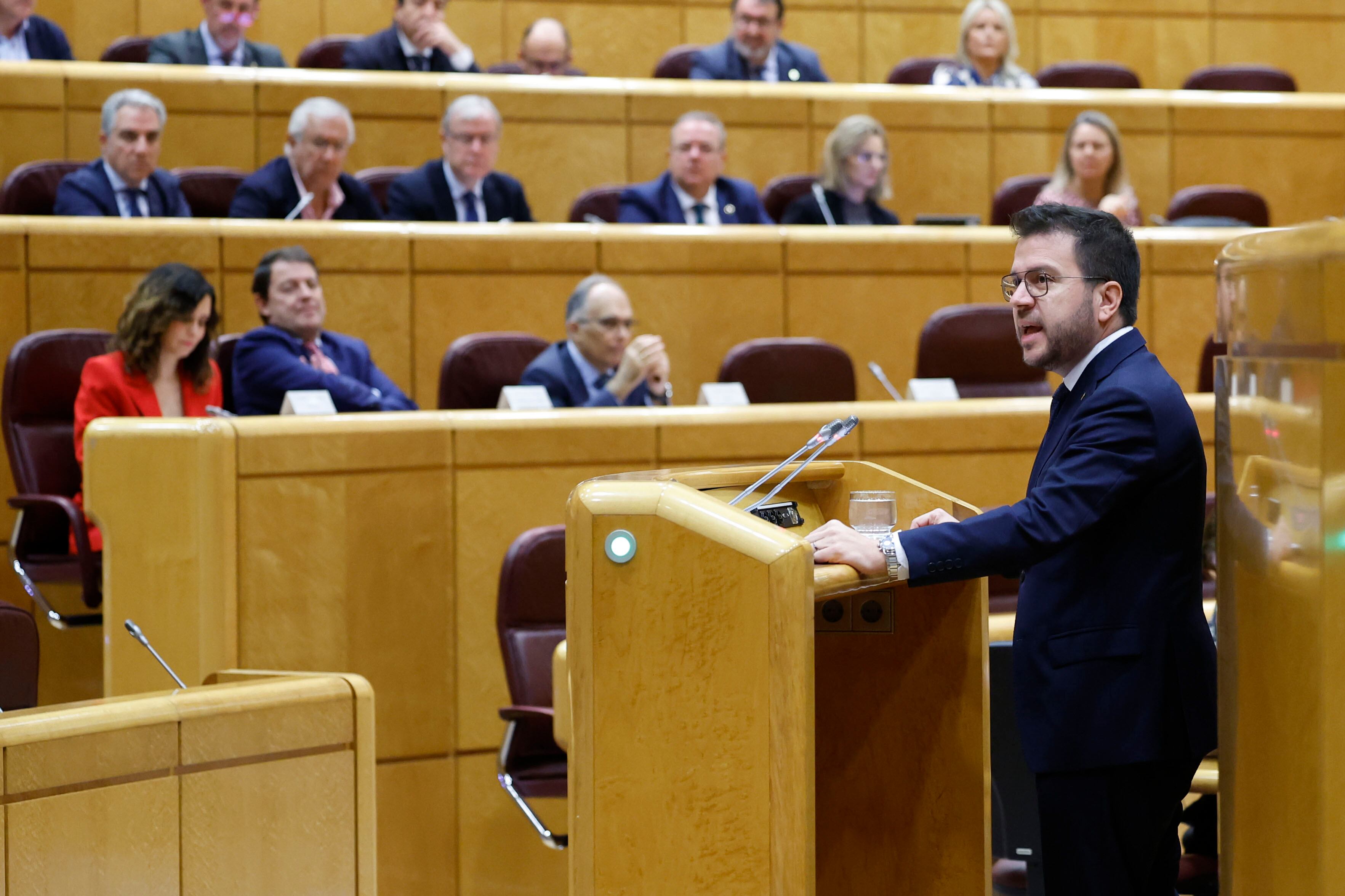 MADRID, 08/04/2024.- El presidente de la Generalitat, Pere Aragonès, interviene en la sesión de la Comisión General de Comunidades Autónomas celebrada este lunes en el Senado en la que se debatirá la ley de amnistía. EFE/Mariscal
