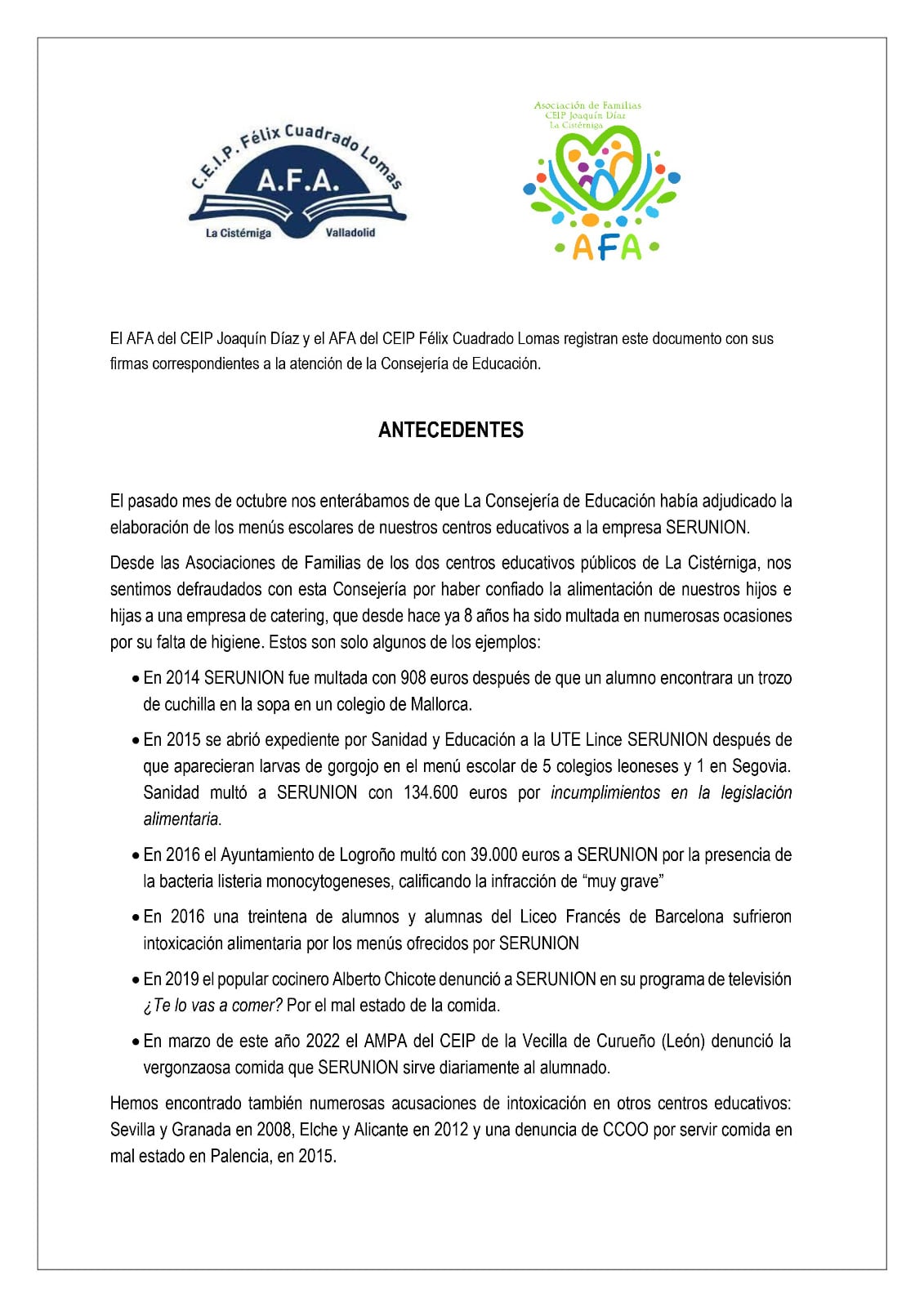 Asociaciones de familias preocupadas por los comedores escolares