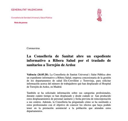 Comunicado de la Generalitat Valenciana anunciando la apertura de un expediente informativo a Ribera Salud