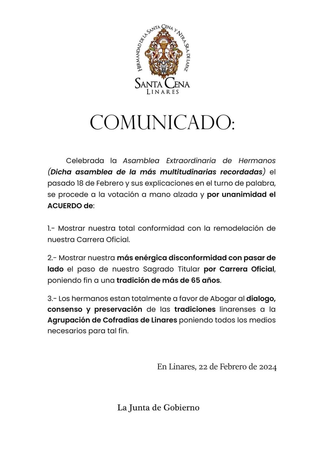 Nota oficial de la Junta de Gobierno de la Santa Cena de Linares.