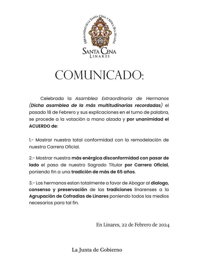 Nota oficial de la Junta de Gobierno de la Santa Cena de Linares.