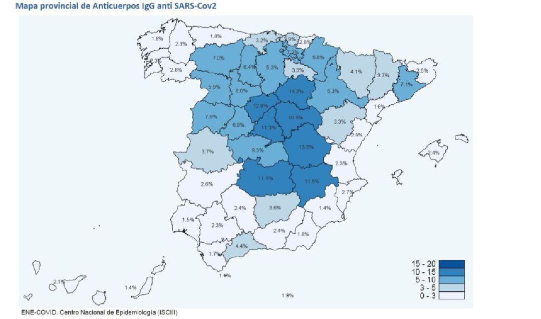 Mapa con el porcentaje de población que tiene anticuerpos frente al coronavirus