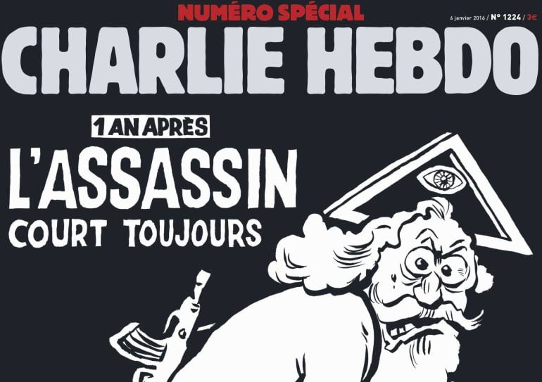 Portada del número especial de la revista satírica &#039;Charlie Hebdo&#039; con la caricatura de un dios con una kalashnikov en el que se puede leer &quot;Un año después.