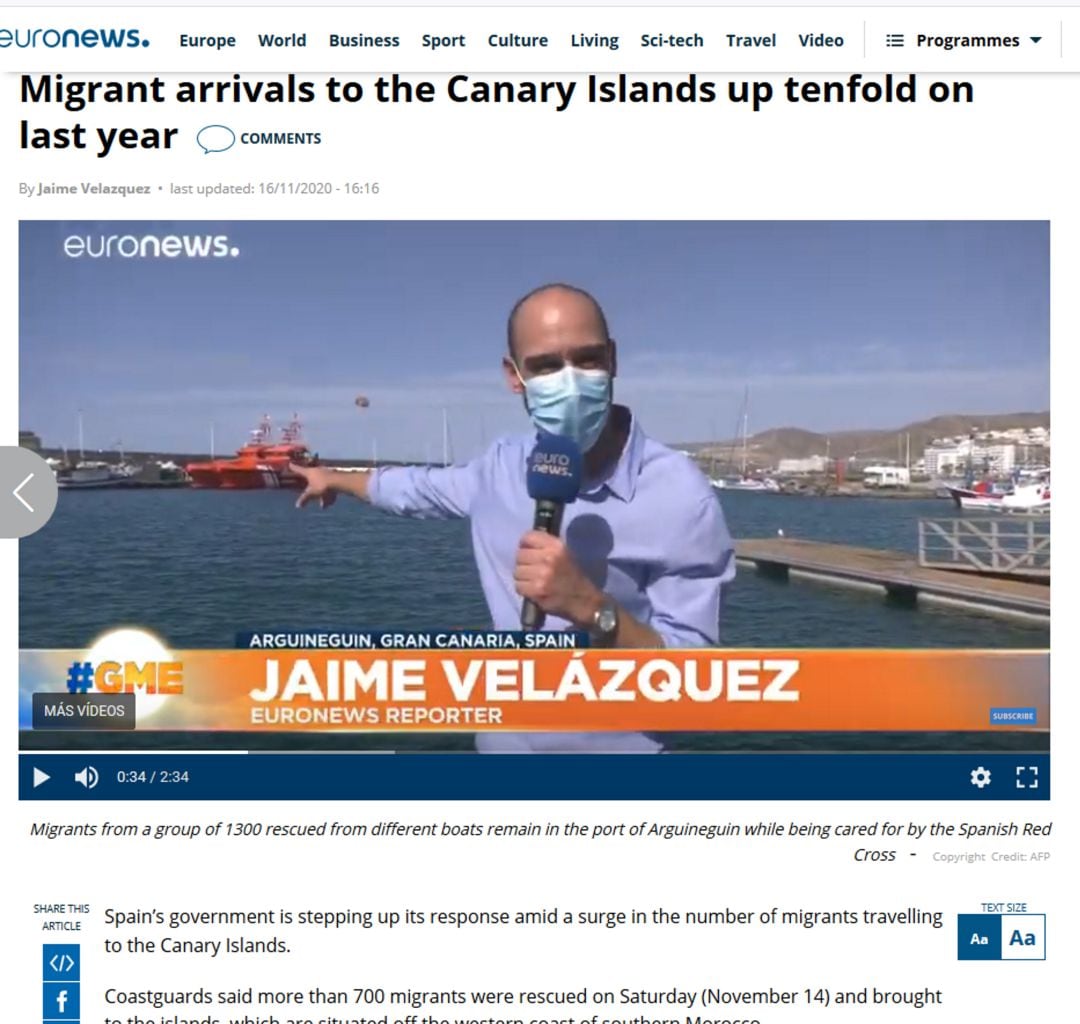 Página web de Euronews con una información sobre el fenómeno migratorio en Canarias