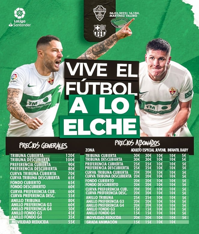 Precios de las entradas del Elche-Barcelona