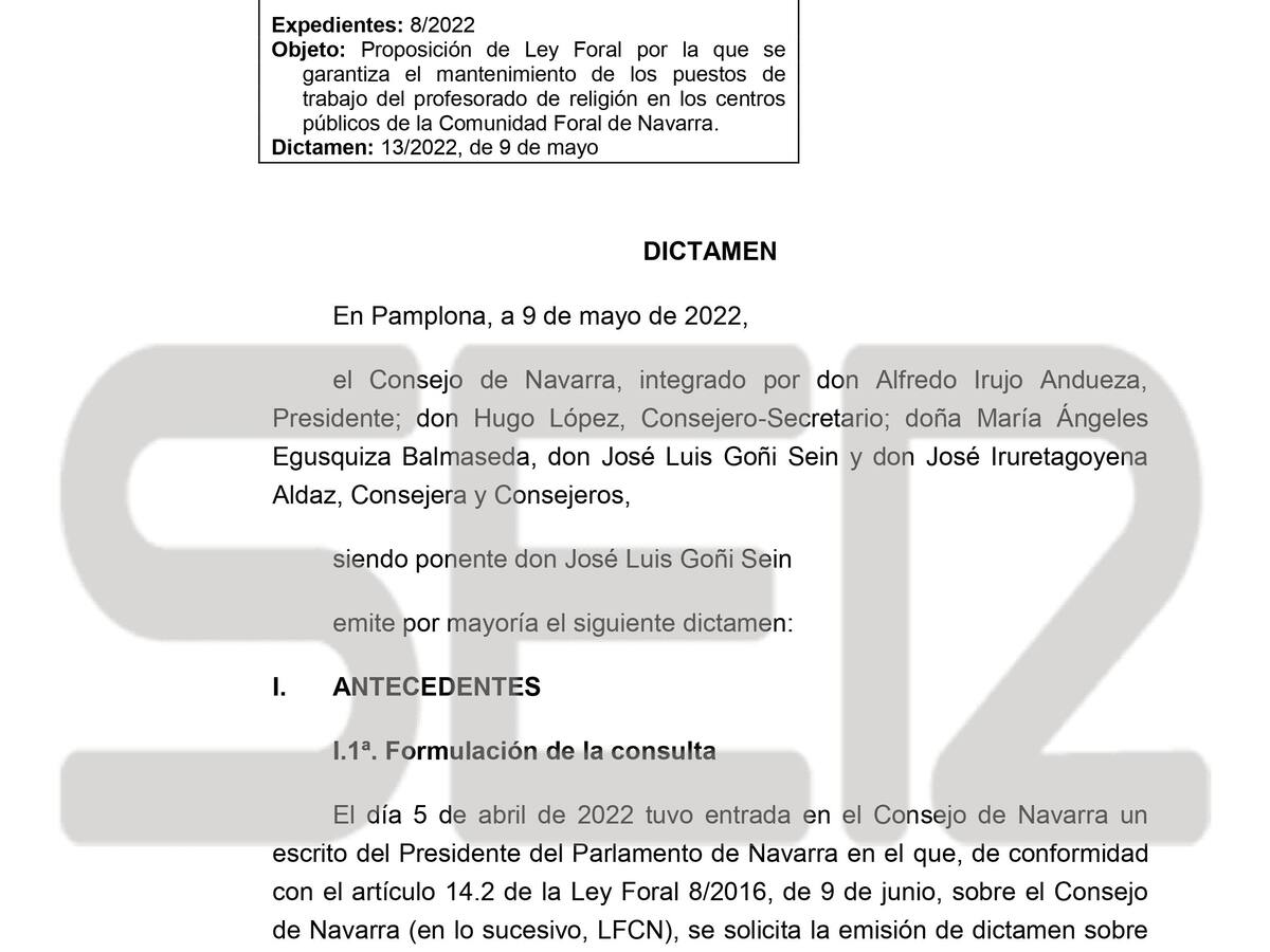 La ley sobre el profesorado de religión "no se ajustaría a la legalidad vigente", concluye el informe del Consejo de Navarra