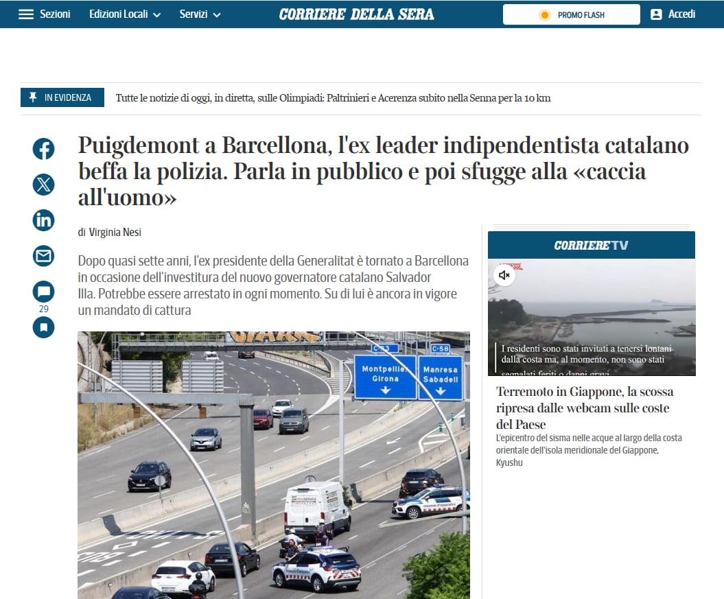 Información sobre Puigdemont, en &#039;Corriere della Sera&#039;.