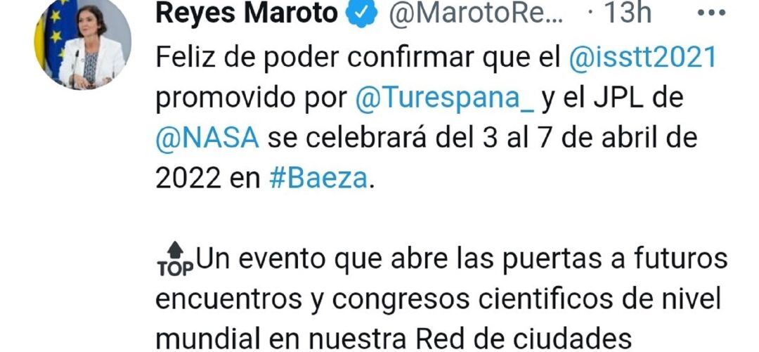 Cuenta de Twitter de Reyes Maroto en la que se confirman las fechas del congreso.