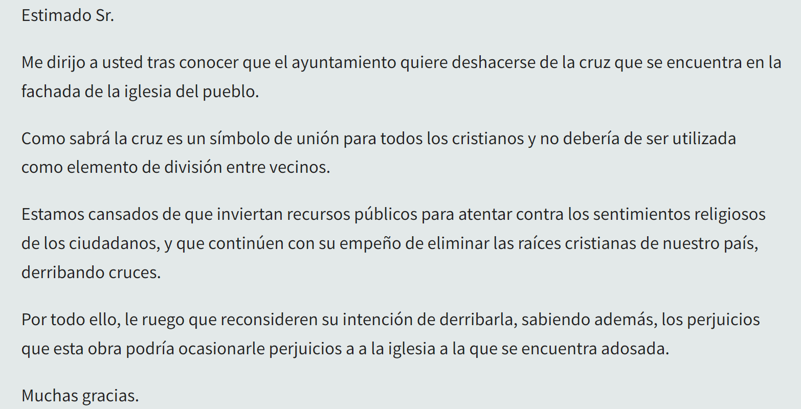 Carta dirigida al alcalde de Fuentecén de la campaña de Abogados Cristianos