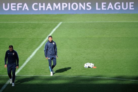 Simeone y Vizcaíno, en el césped del Calderón