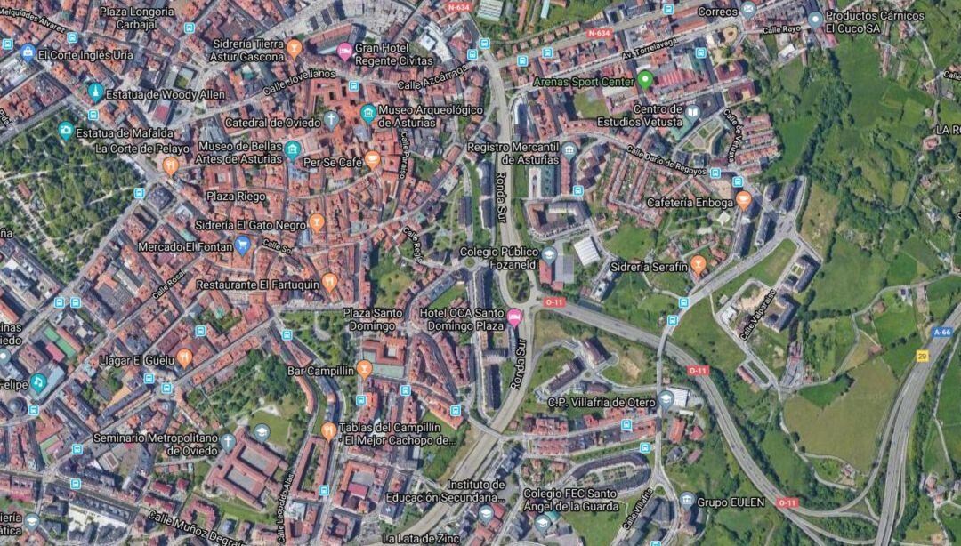 Imagen aérea de la Ronda Sur de Oviedo (Google Maps - Vista satélite)