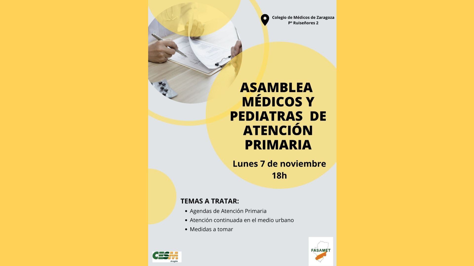 Cartel de la asamblea convocada de médicos y pediatras de Atención Primaria en Aragón