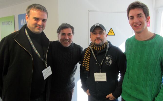 Alfredo Díaz, Paco Calavera y David Broncano, con Alberto Granados, presentando el espectáculo de humor &#039;Twiterríes&#039;