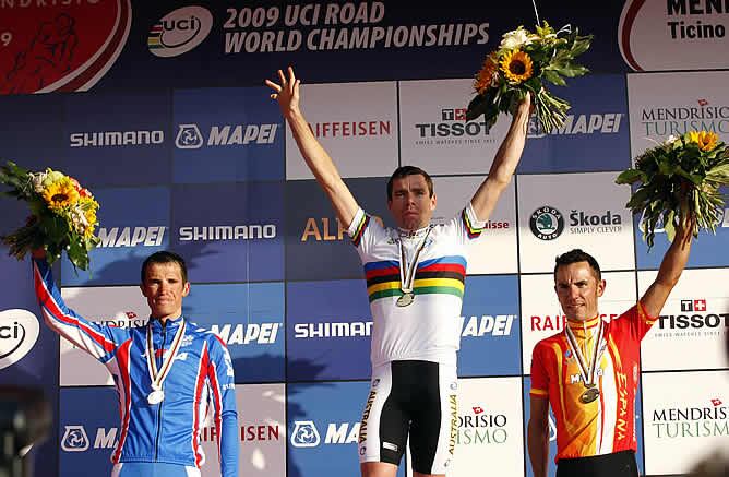 Cadel Evans, Evgeny Kolobnev y &#039;Purito&#039; Rodríguez, el podio de los Mundiales de Ciclismo