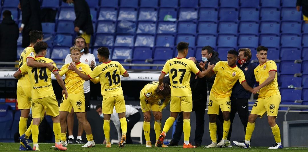 Los jugadores del Girona celebran un gol ante el Espanyol