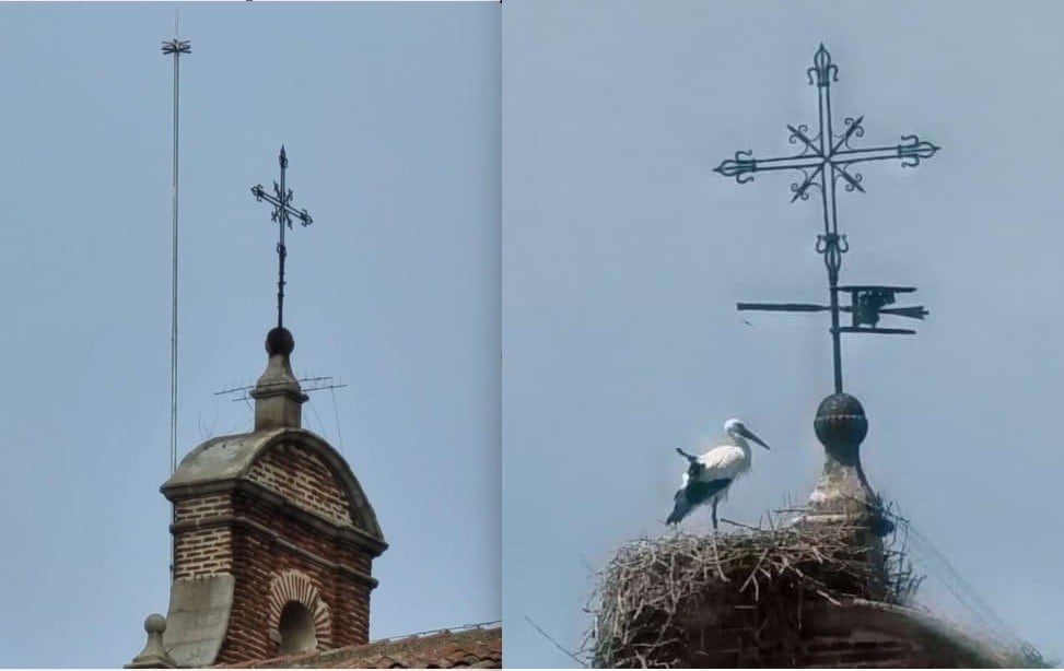 Imagen actual de la Espadaña e imagen con el nido desaparecido