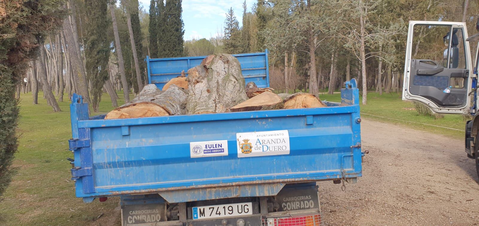 Una camioneta de la empresa adjudicataria del mantenimiento de zonas verdes retira troncos talados