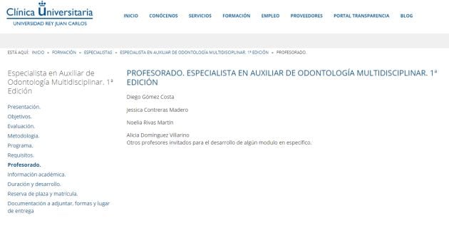 Captura de la imagen de la web de la Fundación de la Clínica Universitaria de la URJC, donde trabajaba Alicia Domínguez Villarino