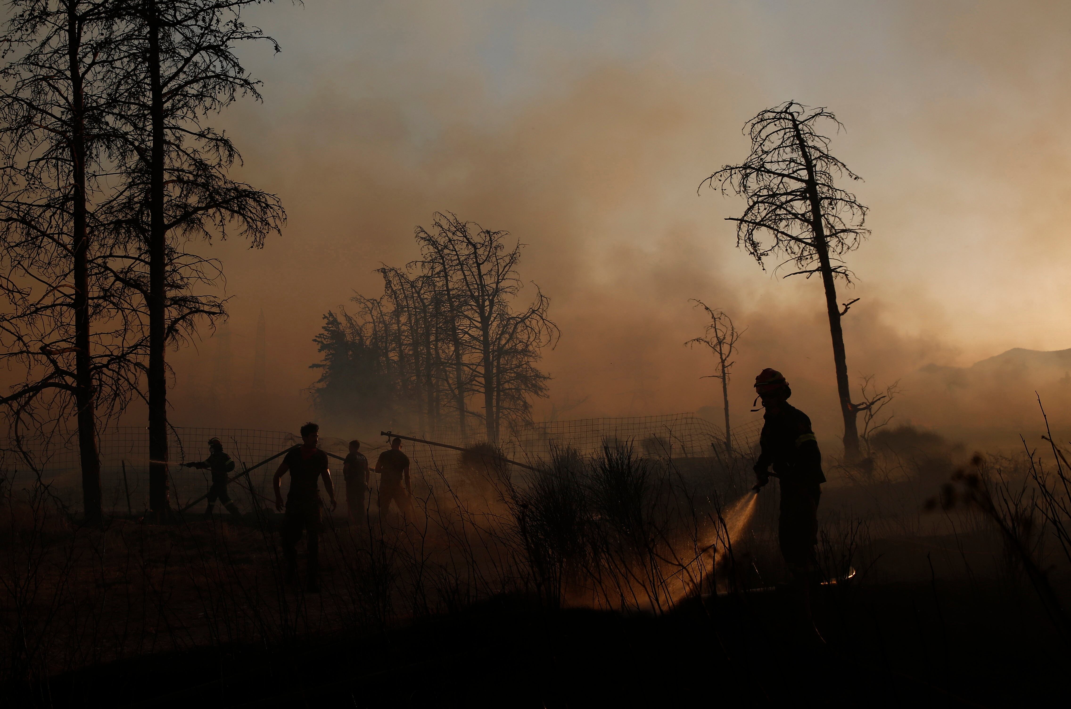 Bomberos y otros miembros de los equipos de extinción trabajan para controlar y extinguir los incendios que asolan distintas zonas de Grecia.