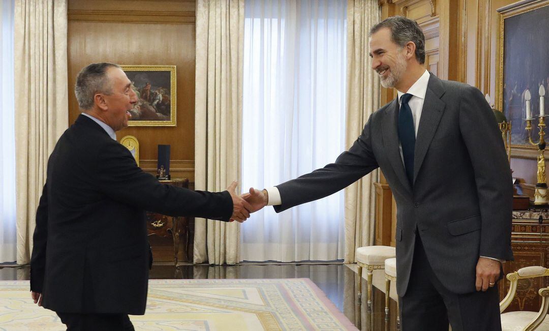 El rey Felipe VI saluda al diputado de Compromís, Joan Baldoví, durante la audiencia este martes.