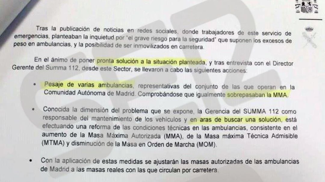 El informe de la Guardia Civil que constata que en ese momento todas las ambulancias superaban la Masa Máxima Autorizada por ley para esos vehículos.