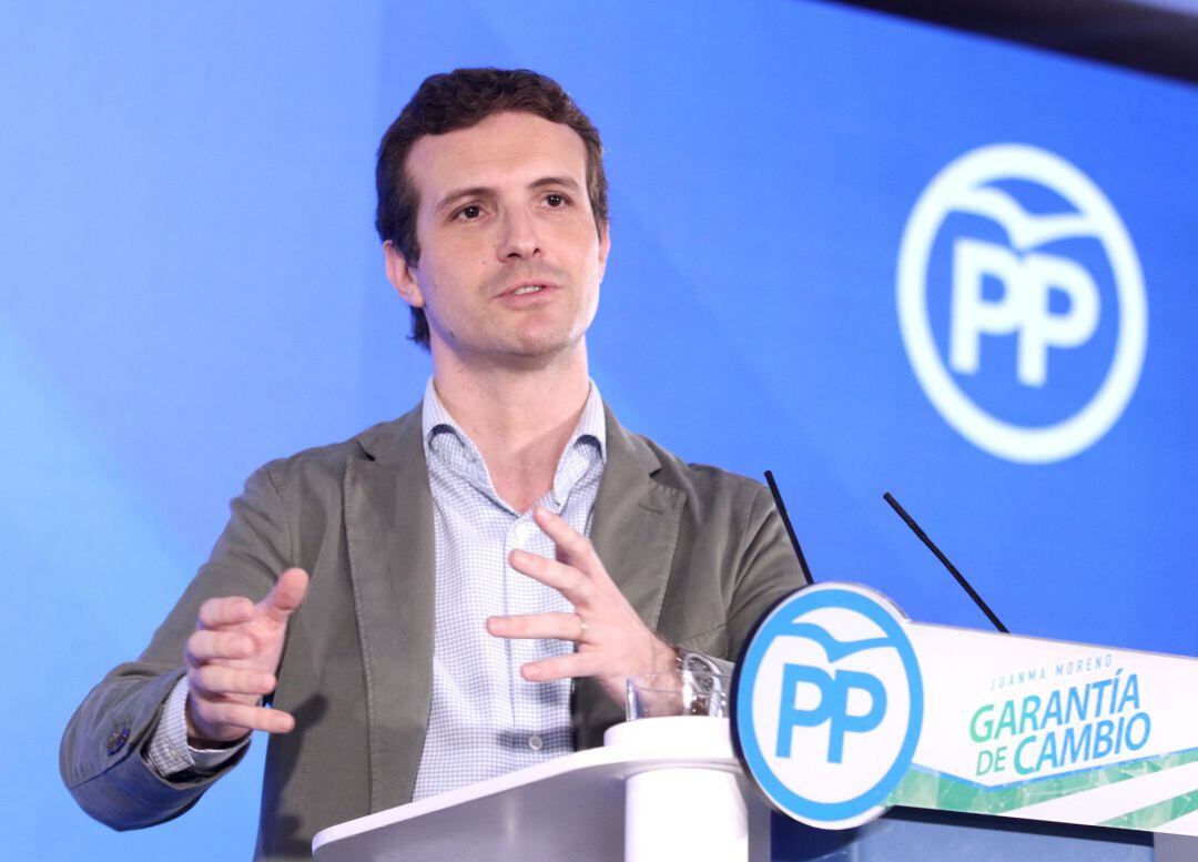 El presidente del PP, Pablo Casado, clausura un acto público del PP.