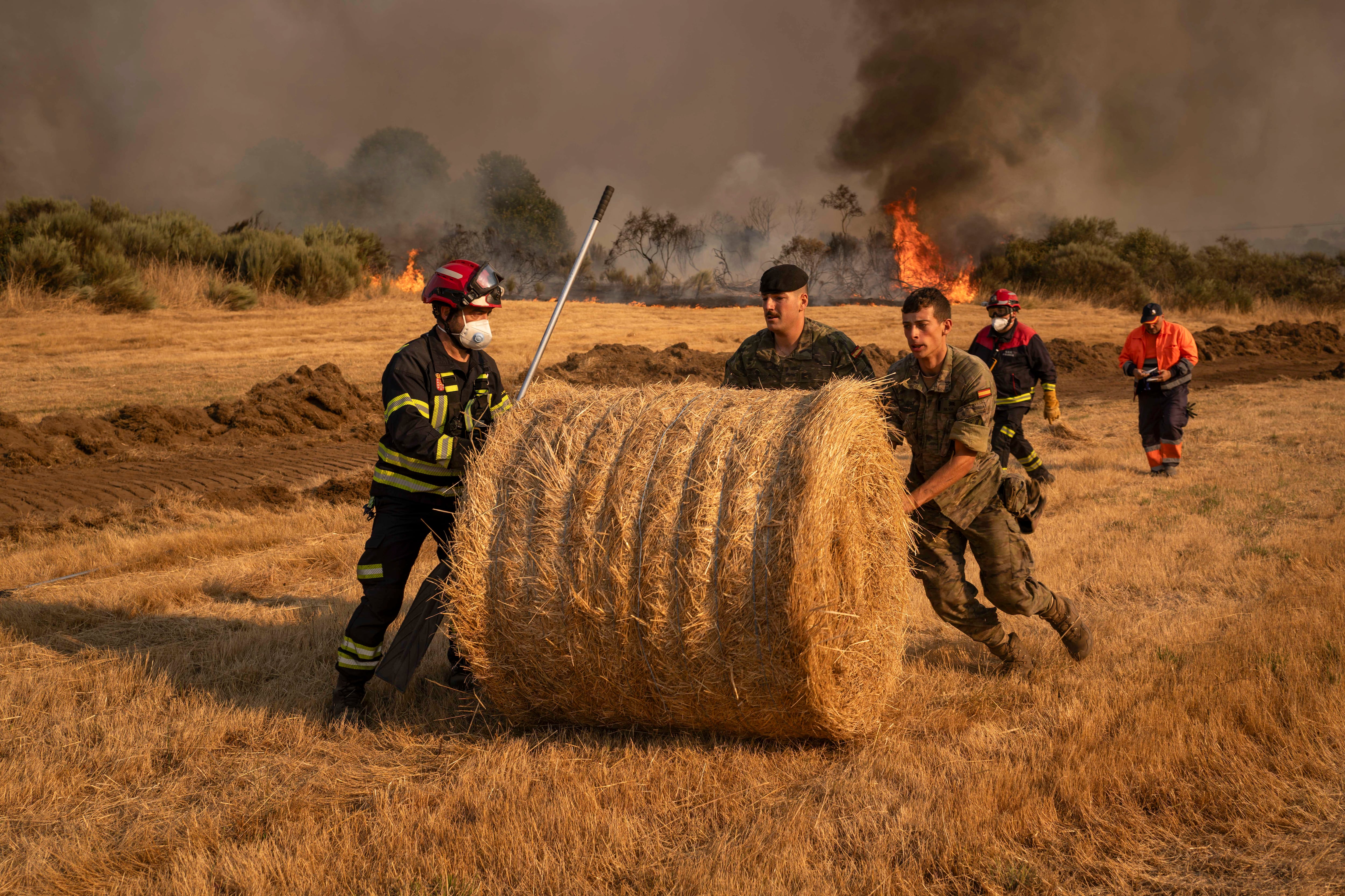 Soldados del Ejército y Bomberos trabajan en el nuevo incendio declarado este miércoles en A Gudiña (Ourense). EFE/Brais Lorenzo